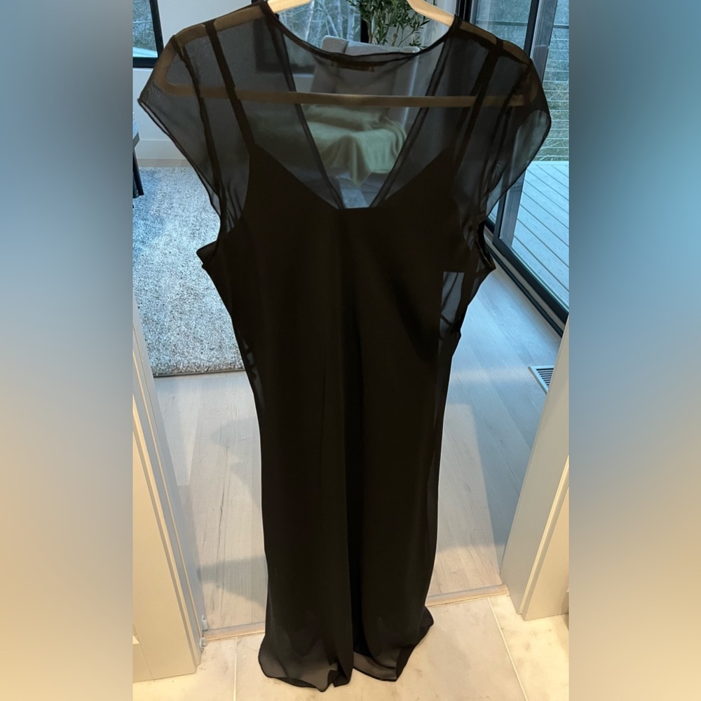 Q black tunic dress with sheer black v neck tops overlay. XL